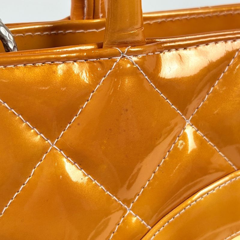 Chanel Medallion Tote Handbag CC Logo Patent Leather Orange