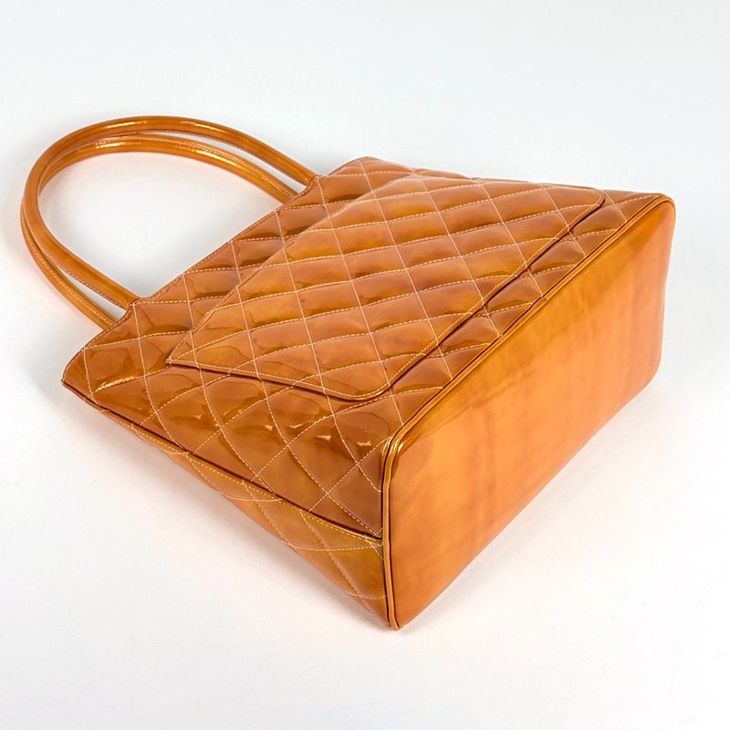 Chanel Medallion Tote Handbag CC Logo Patent Leather Orange