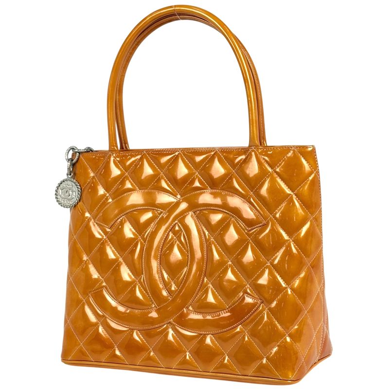 Chanel Medallion Tote Handbag CC Logo Patent Leather Orange