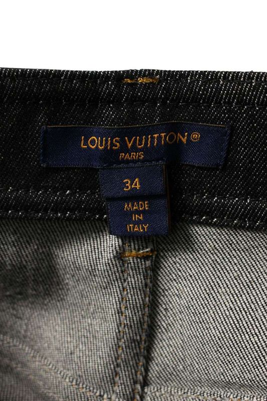 Louis Vuitton Leather Accent Denim Pants 34 Indigo X Black Brown