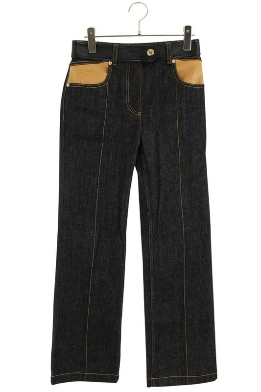 Louis Vuitton Leather Accent Denim Pants 34 Indigo X Black Brown