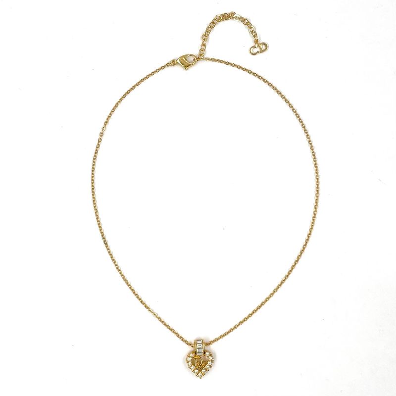 Dior Heart Logo Rhinestone Clear Gold Necklace