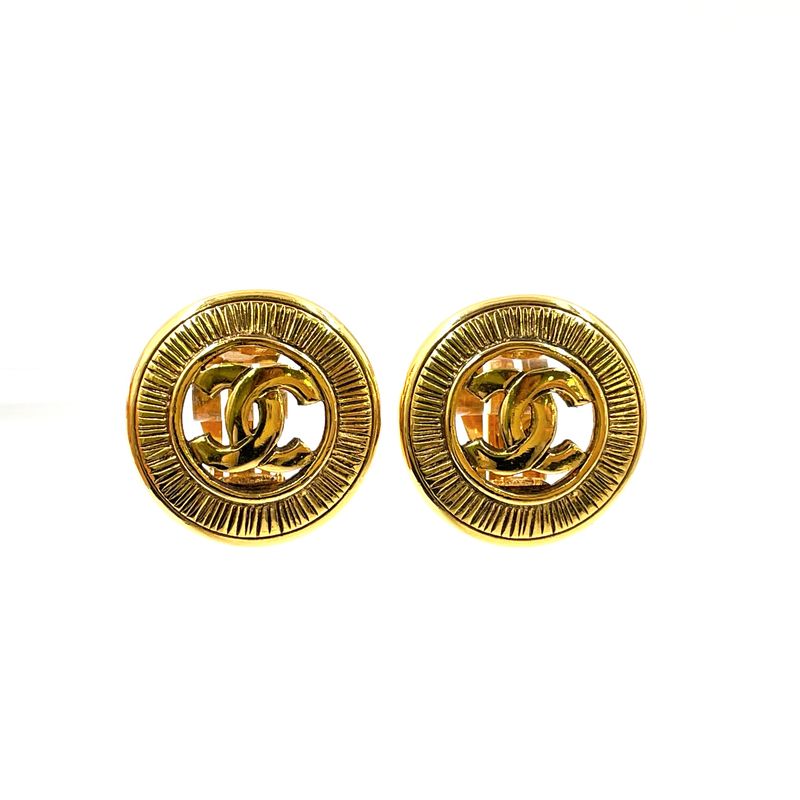 Chanel CC Logo Round Gold Plated Earrings