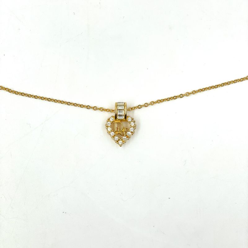 Dior Heart Logo Rhinestone Clear Gold Necklace