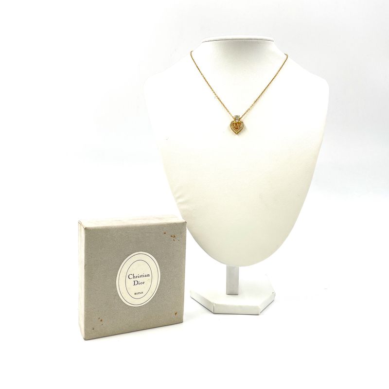 Dior Heart Logo Rhinestone Clear Gold Necklace