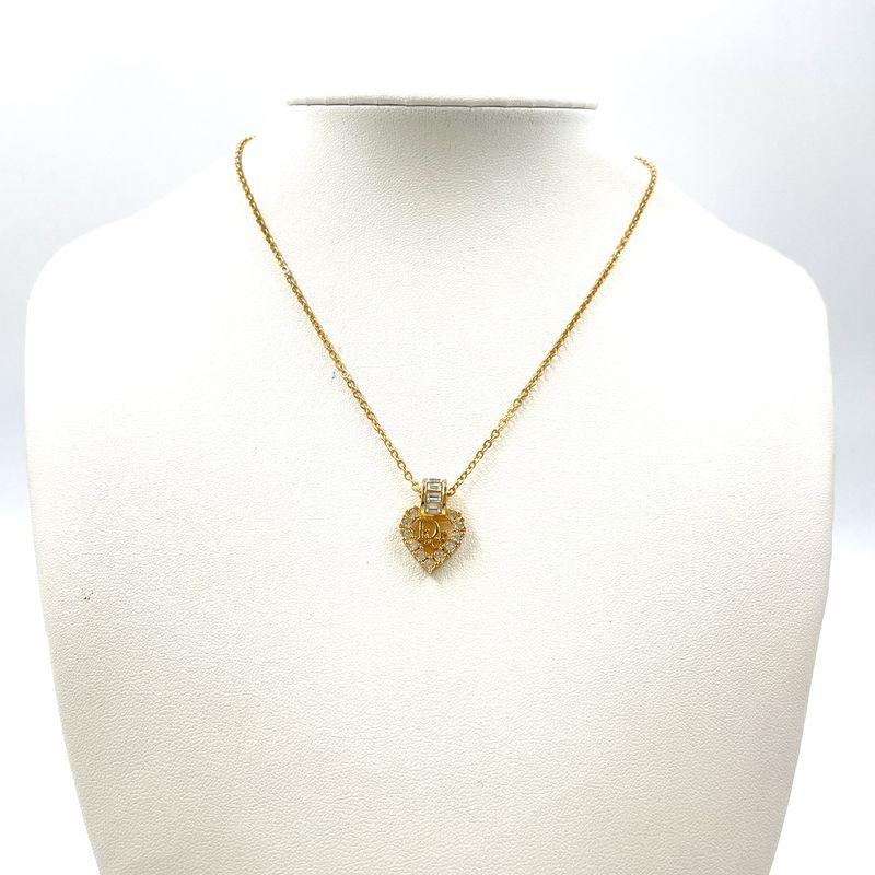Dior Heart Logo Rhinestone Clear Gold Necklace