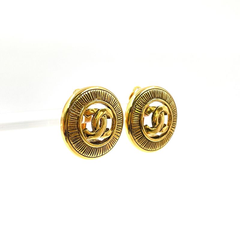 Chanel CC Logo Round Gold Plated Earrings