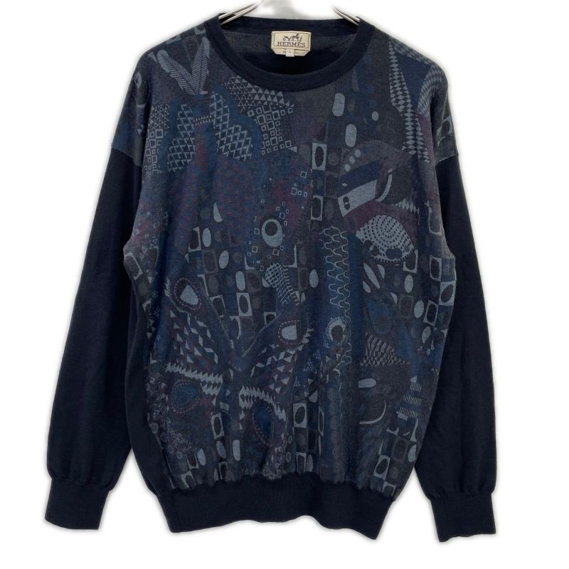 Hermes All Over Pattern Cashmere Crew Neck Knit Sweater ) Navy