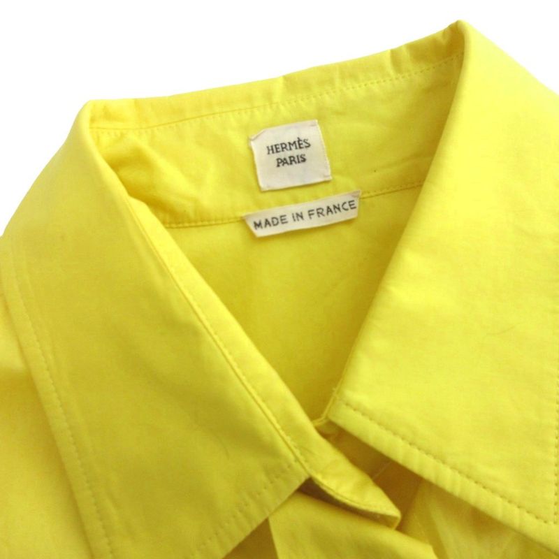 Hermes Sleeveless Shirt Fly Button Pocket Cotton Fabric Yellow 38