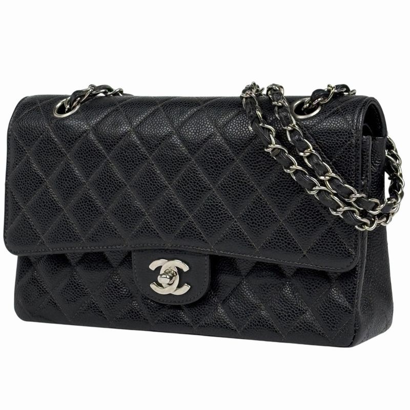 Chanel Quilted Double Flap Chain Shoulder Bag CC Logo Caviar Leather