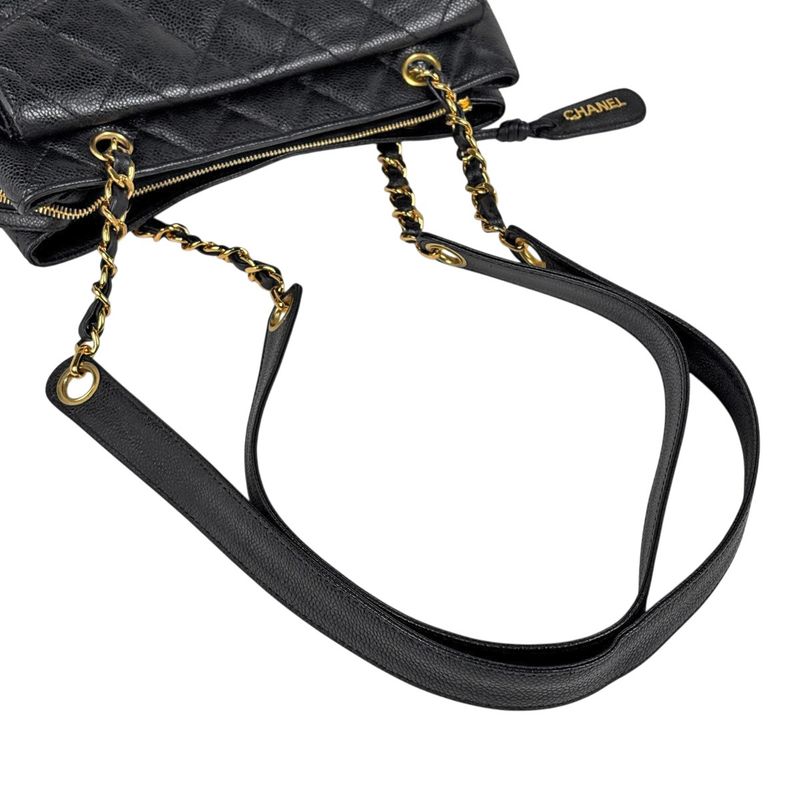 Chanel CC Logo Chain Tote Shoulder Bag Quilted Leather Black