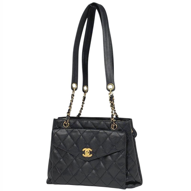 Chanel CC Logo Chain Tote Shoulder Bag Quilted Leather Black