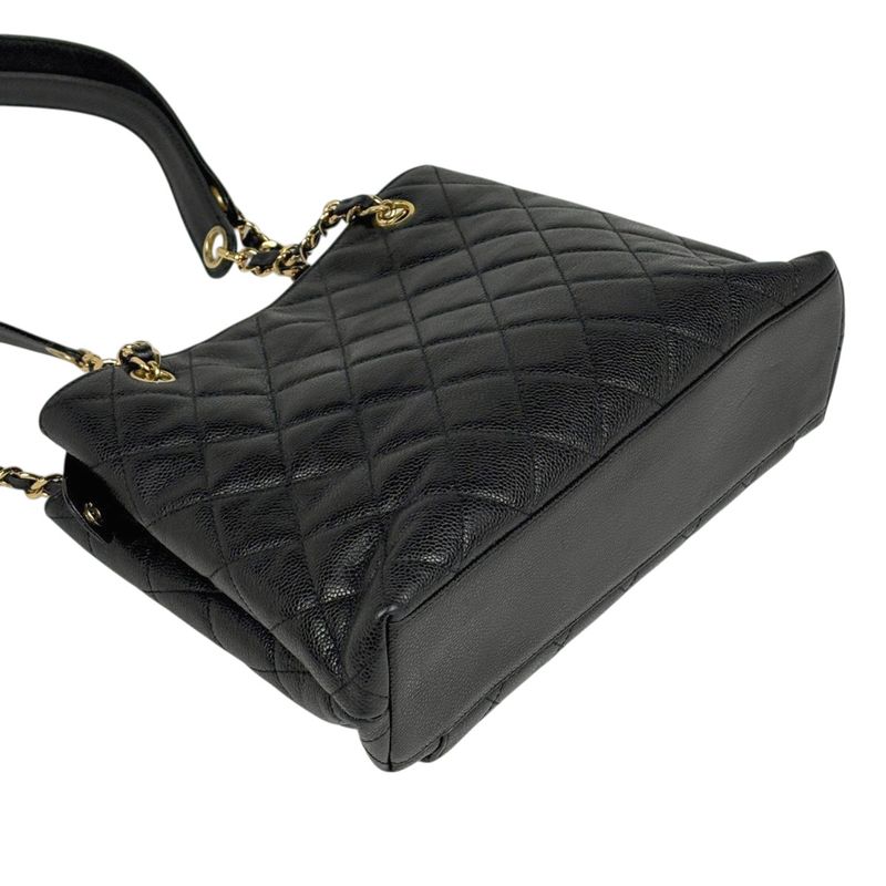 Chanel CC Logo Chain Tote Shoulder Bag Quilted Leather Black