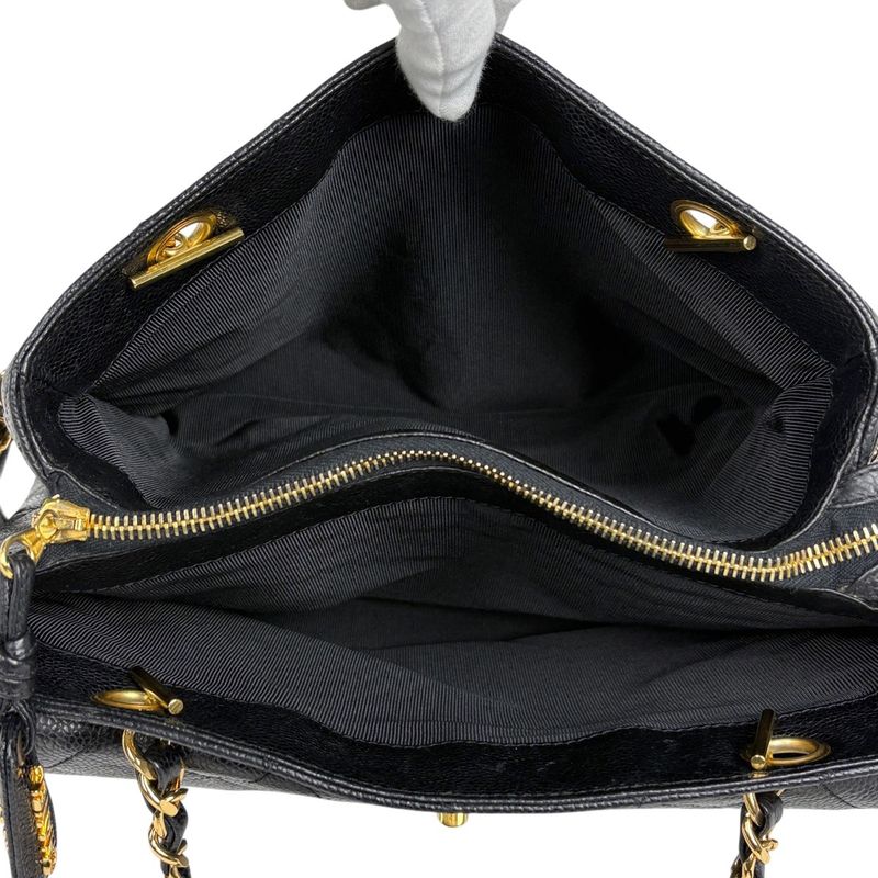 Chanel CC Logo Chain Tote Shoulder Bag Quilted Leather Black