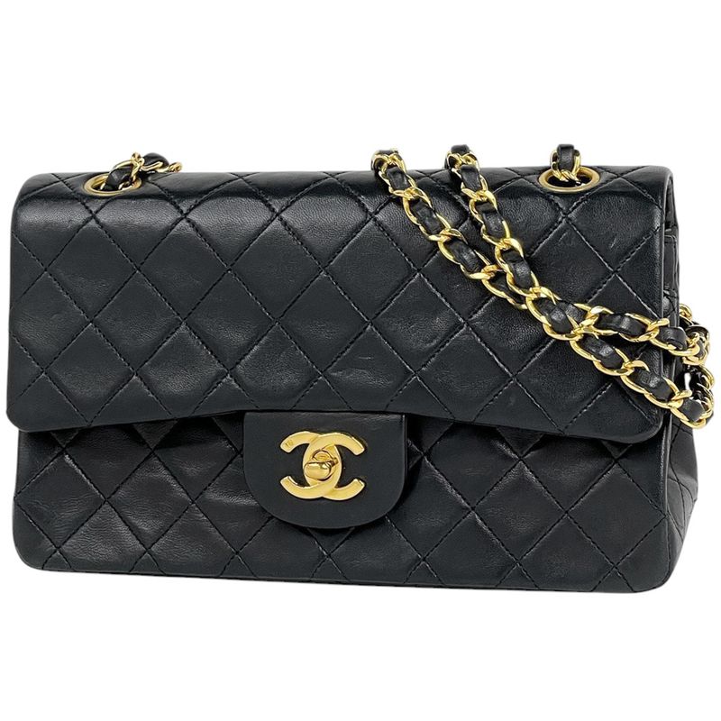 Chanel Quilted Double Flap Chain Shoulder Bag CC Logo Leather Black