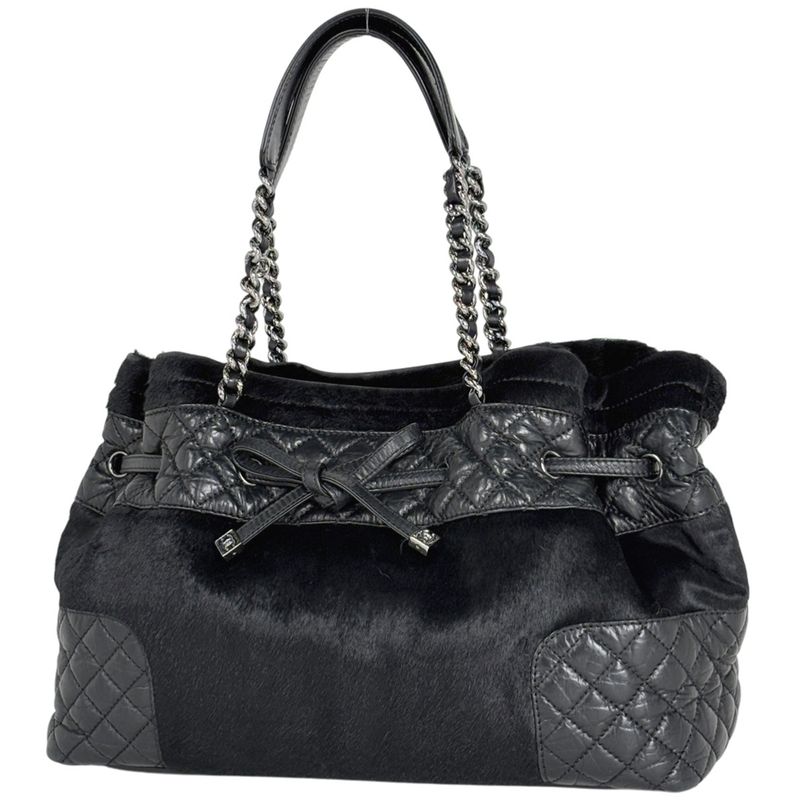 Chanel CC Logo Chain Tote Quilted Calf Hair Black