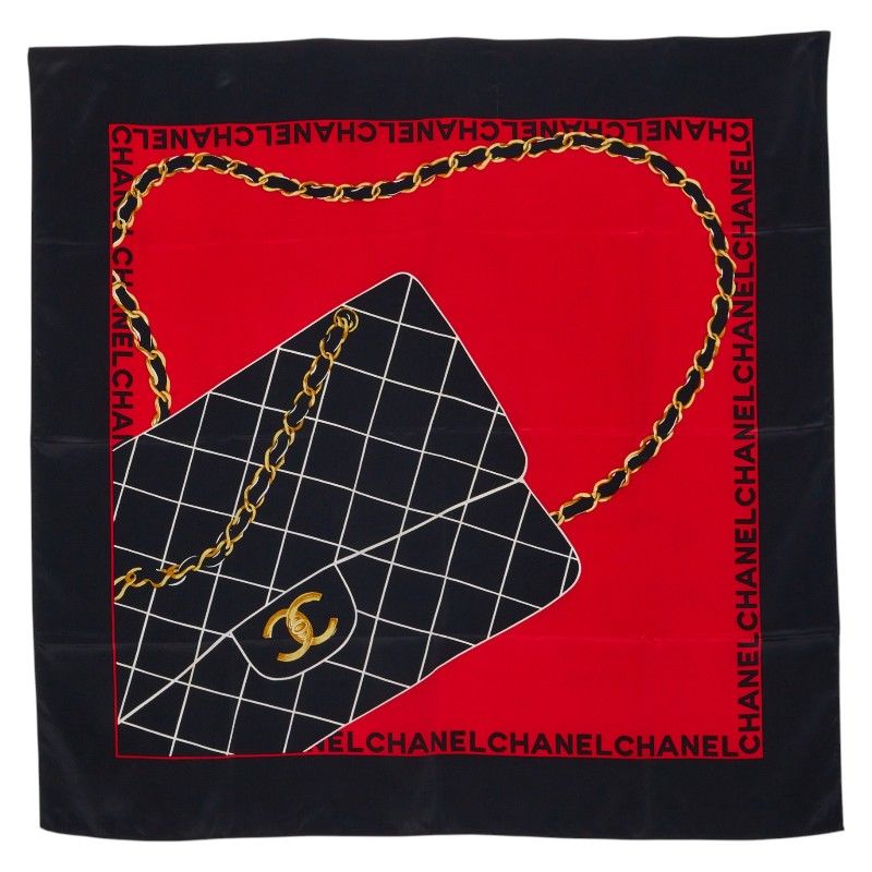 Chanel CC Logo Quilted Black Red Silk Scarf