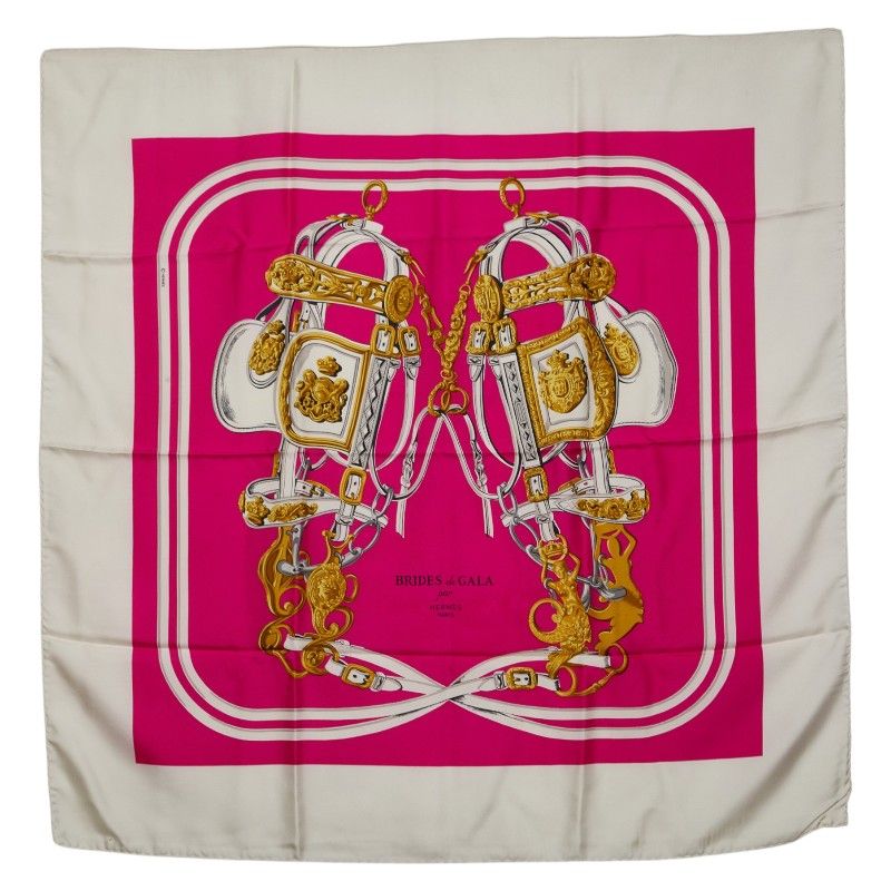 Hermes Carre 90 Brides de Gala Ceremonial Bridle Pink Ivory Silk Scarf