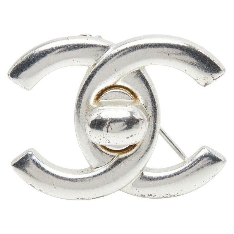 Chanel CC Logo Turnlock Vintage Brooch Silver Metal