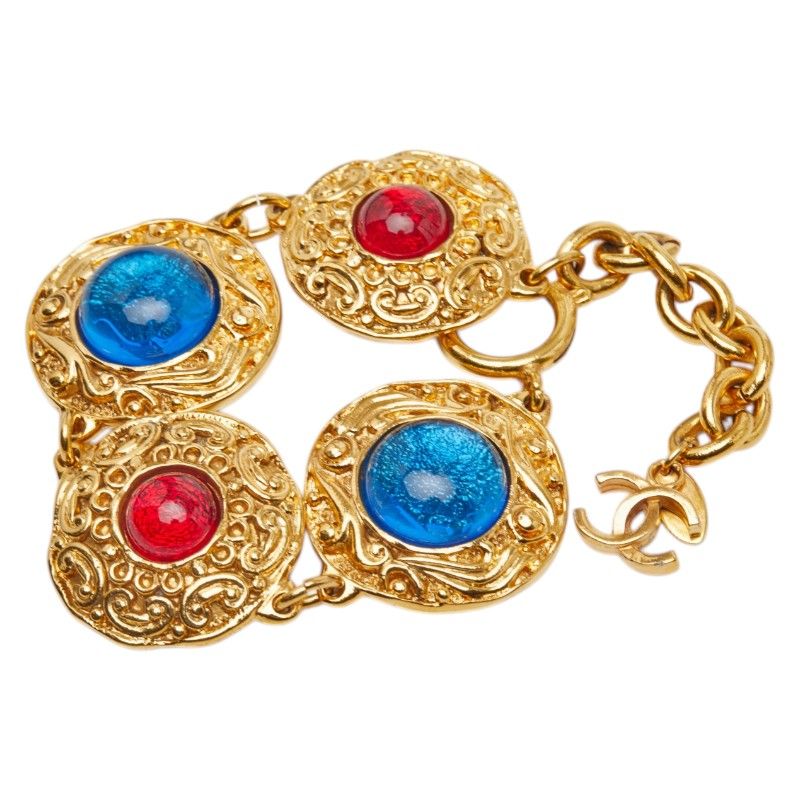 Chanel CC Logo Gripoix 4 Chain Bracelet Gold Multicolor Plated Glass