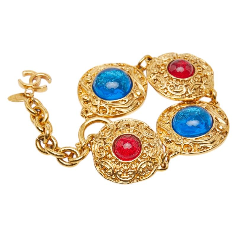 Chanel CC Logo Gripoix 4 Chain Bracelet Gold Multicolor Plated Glass