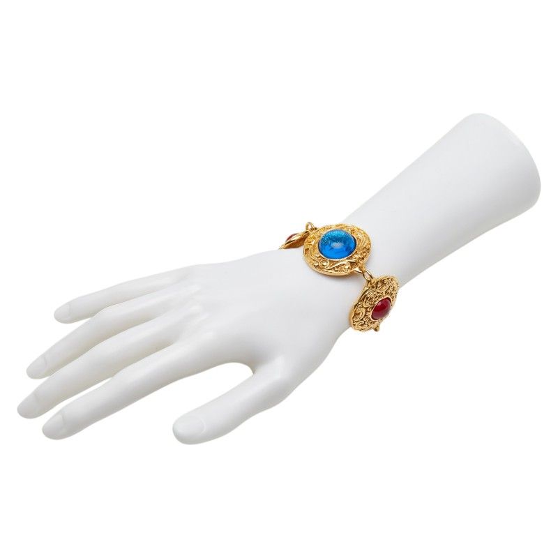 Chanel CC Logo Gripoix 4 Chain Bracelet Gold Multicolor Plated Glass