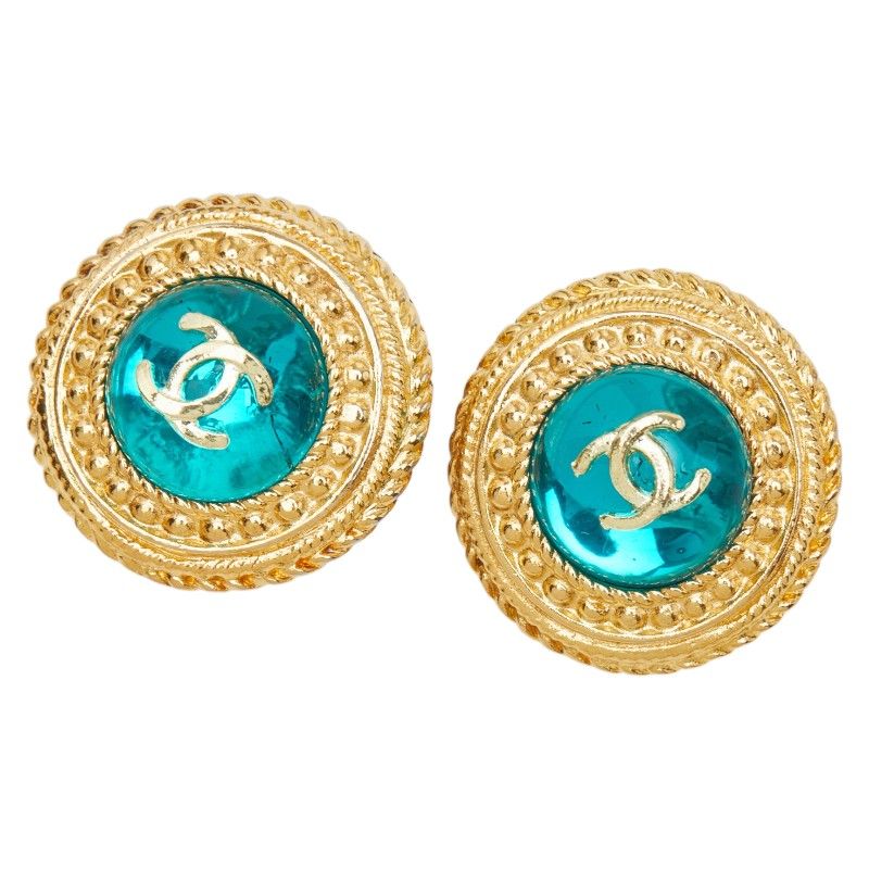 Chanel CC Logo Gripoix Vintage Round Earrings Gold Blue Plated