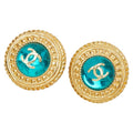 Chanel CC Logo Gripoix Vintage Round Earrings Gold Blue Plated