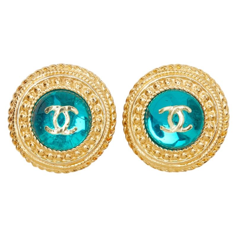 Chanel CC Logo Gripoix Vintage Round Earrings Gold Blue Plated