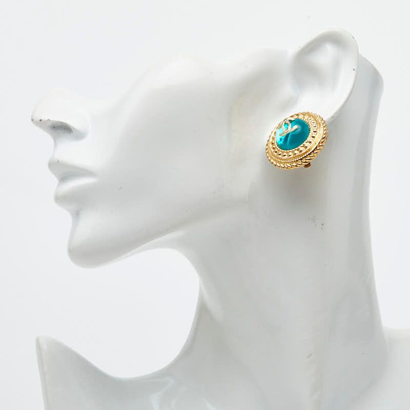 Chanel CC Logo Gripoix Vintage Round Earrings Gold Blue Plated