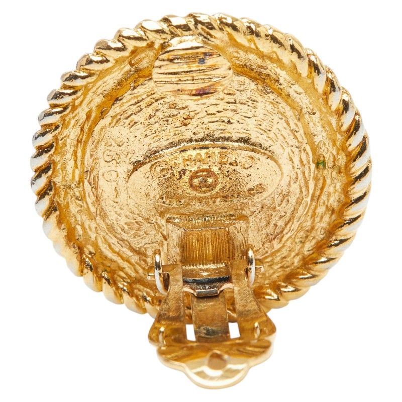 Chanel CC Logo Gripoix Vintage Round Earrings Gold Blue Plated