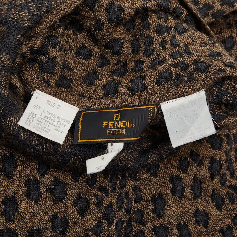 Fendi Leopard High Neck Top Long Sleeve Sweater Brown Black Wool