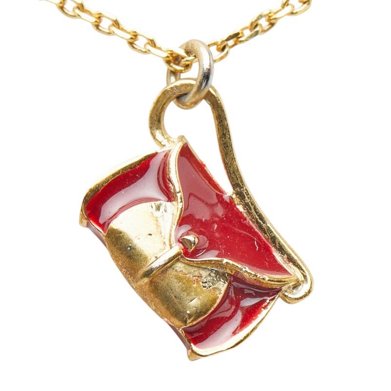 Celine Bag Motif Chain Pendant Necklace Gold Red Plated Enamel