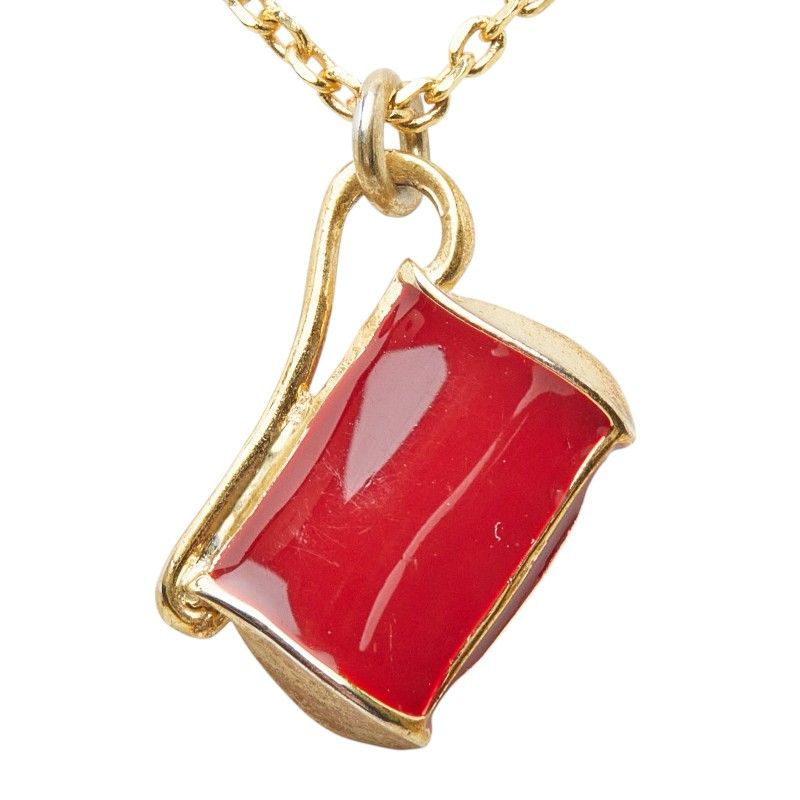 Celine Bag Motif Chain Pendant Necklace Gold Red Plated Enamel