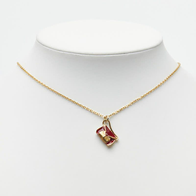 Celine Bag Motif Chain Pendant Necklace Gold Red Plated Enamel
