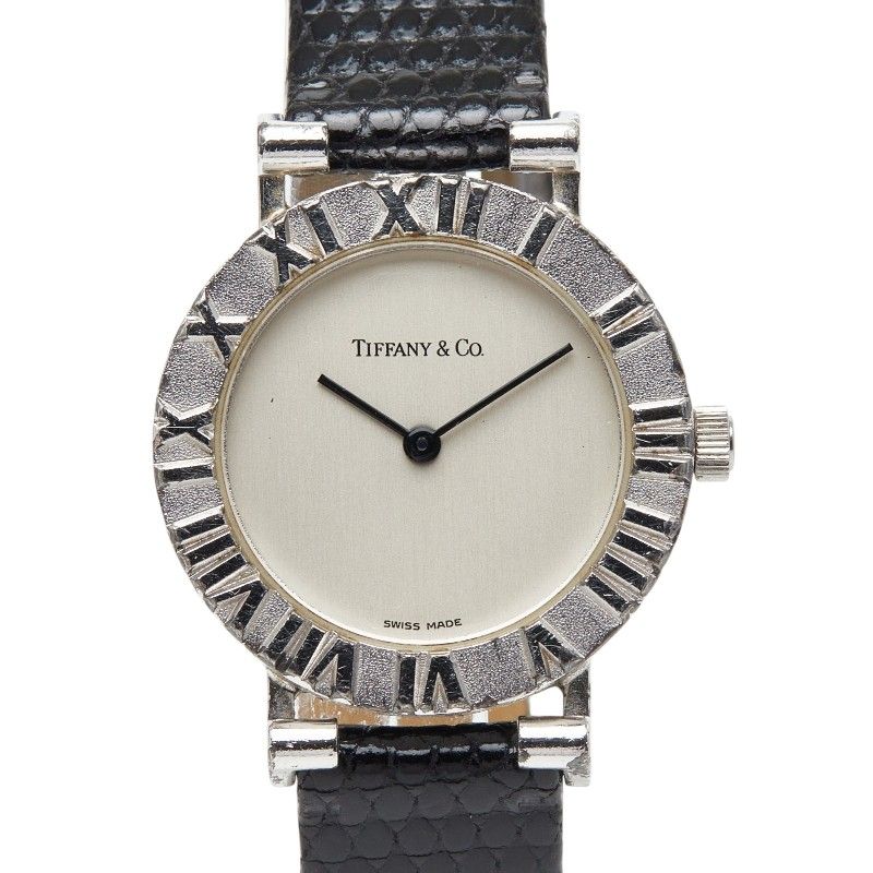 Tiffany & Co Atlas Watch External Strap Black Silver Leather