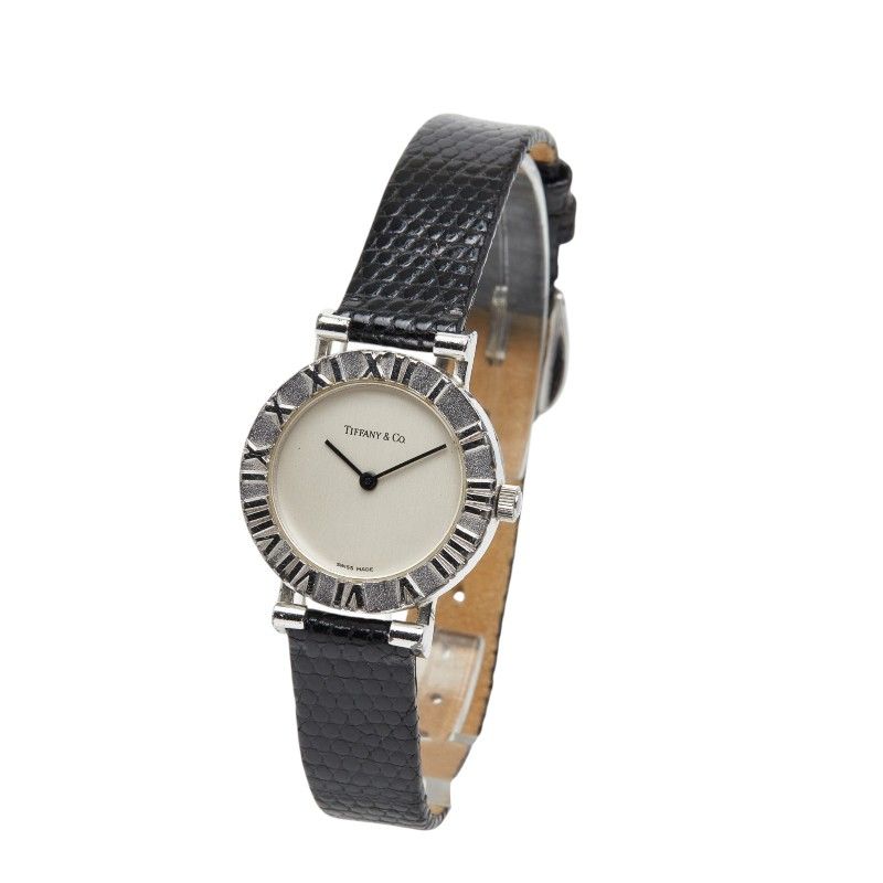 Tiffany & Co Atlas Watch External Strap Black Silver Leather