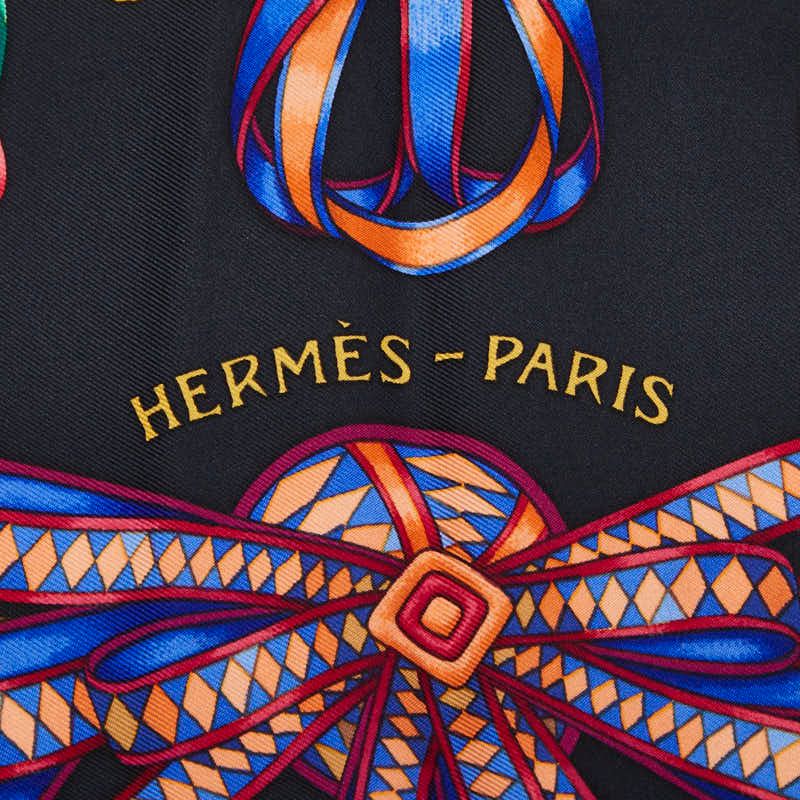 Hermes Carre 90 les Rubans du Cheval Horse Ribbon Decoration Black Scarf Multicolor