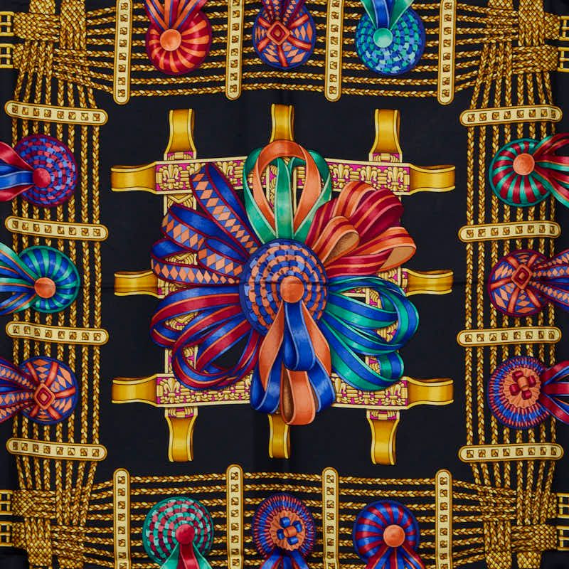 Hermes Carre 90 les Rubans du Cheval Horse Ribbon Decoration Black Scarf Multicolor