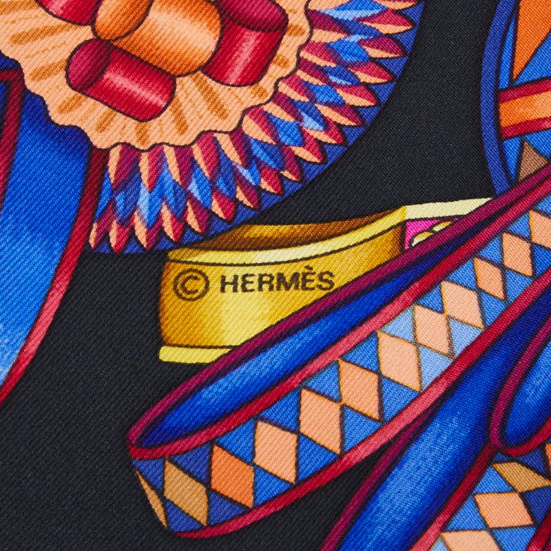 Hermes Carre 90 les Rubans du Cheval Horse Ribbon Decoration Black Scarf Multicolor