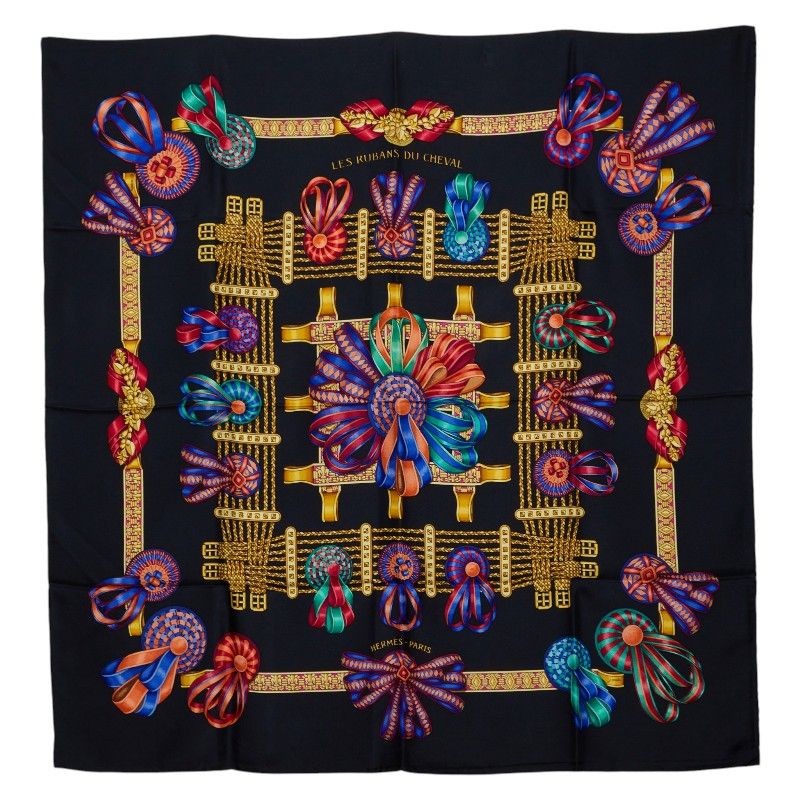 Hermes Carre 90 les Rubans du Cheval Horse Ribbon Decoration Black Scarf Multicolor
