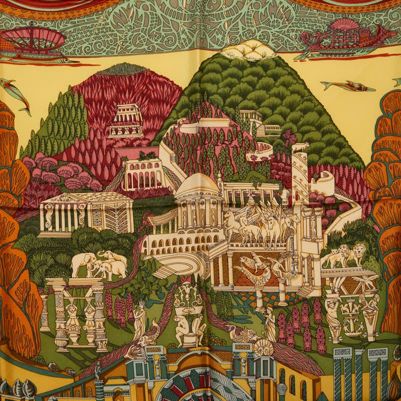Hermes Carre 90 L'atlantide Atlantis Yellow Multicolor Silk Scarf Yellow