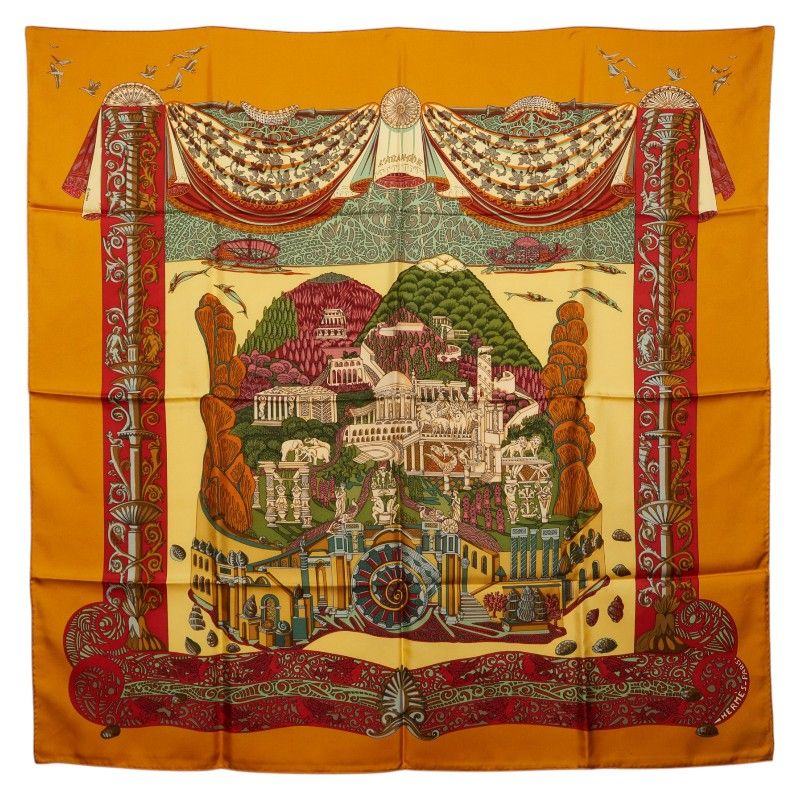 Hermes Carre 90 L'atlantide Atlantis Yellow Multicolor Silk Scarf Yellow