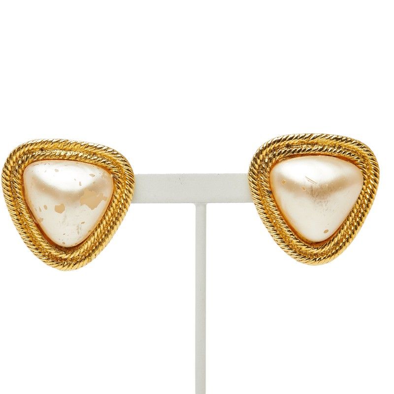 Chanel Vintage Triangle Earrings Gold White Plated Faux Pearl