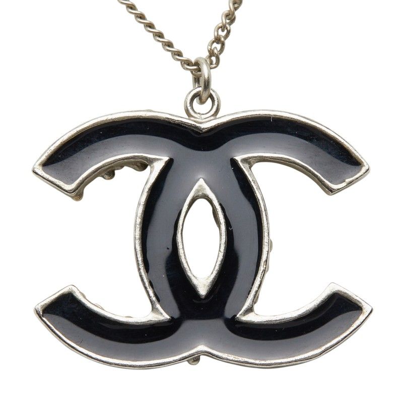 Chanel CC Logo Silver Black Metal Enamel Necklace