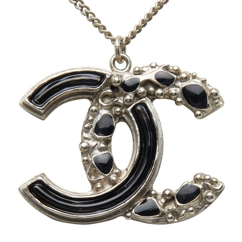Chanel CC Logo Silver Black Metal Enamel Necklace