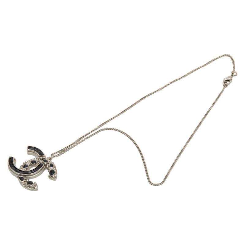 Chanel CC Logo Silver Black Metal Enamel Necklace
