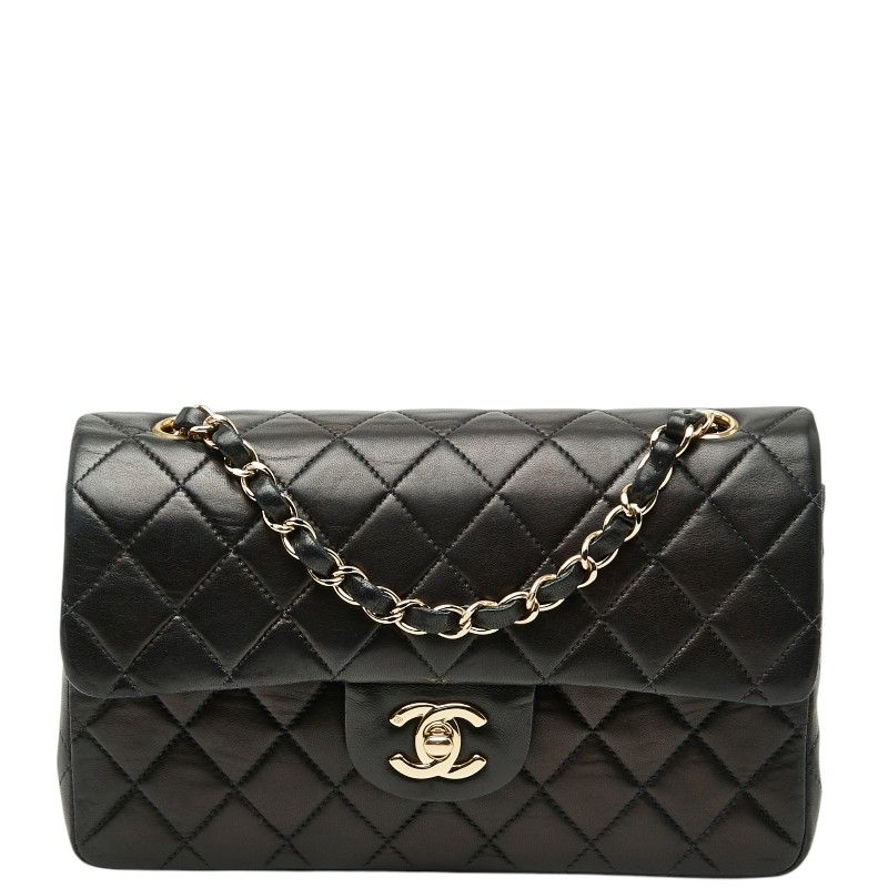 Chanel CC Logo Quilted 23 Double Flap Chain Shoulder Bag Black Lambskin