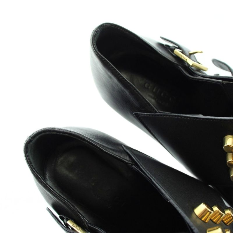 Gucci Booty Pointed Toe Leather Pin Heel Studded Logo 37 Black