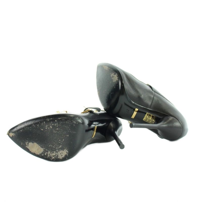 Gucci Booty Pointed Toe Leather Pin Heel Studded Logo 37 Black